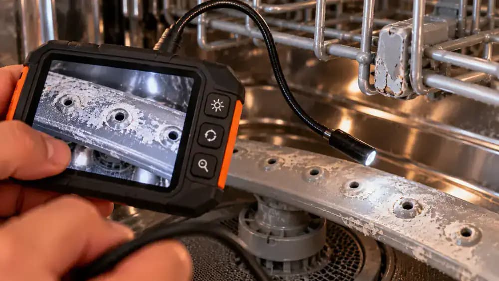Person using a handheld digital magnifier to inspect coated dishwasher rack joints and lower spray arm openings, with the screen showing chalky mineral residue and a small coating chip while inspection notes are recorded nearby.