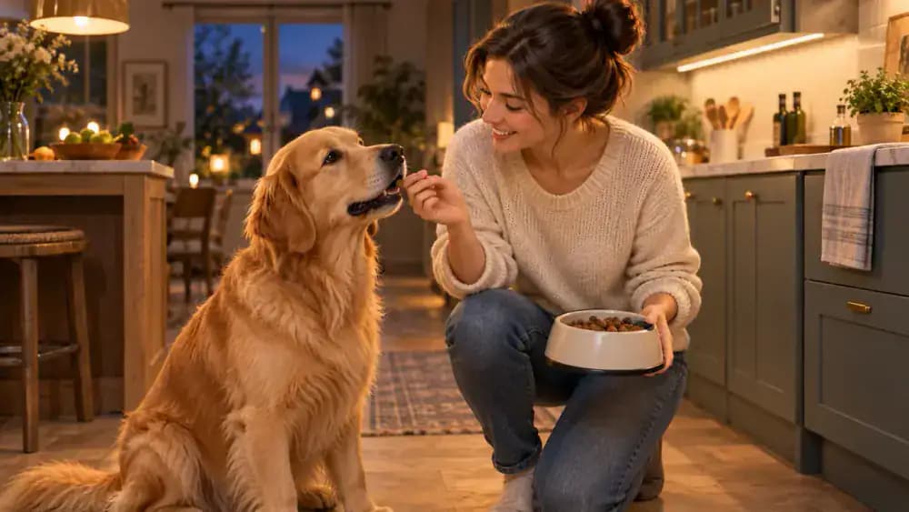 Golden retriever receiving a few pieces of kibble from its owner before dinner in the kitchen
