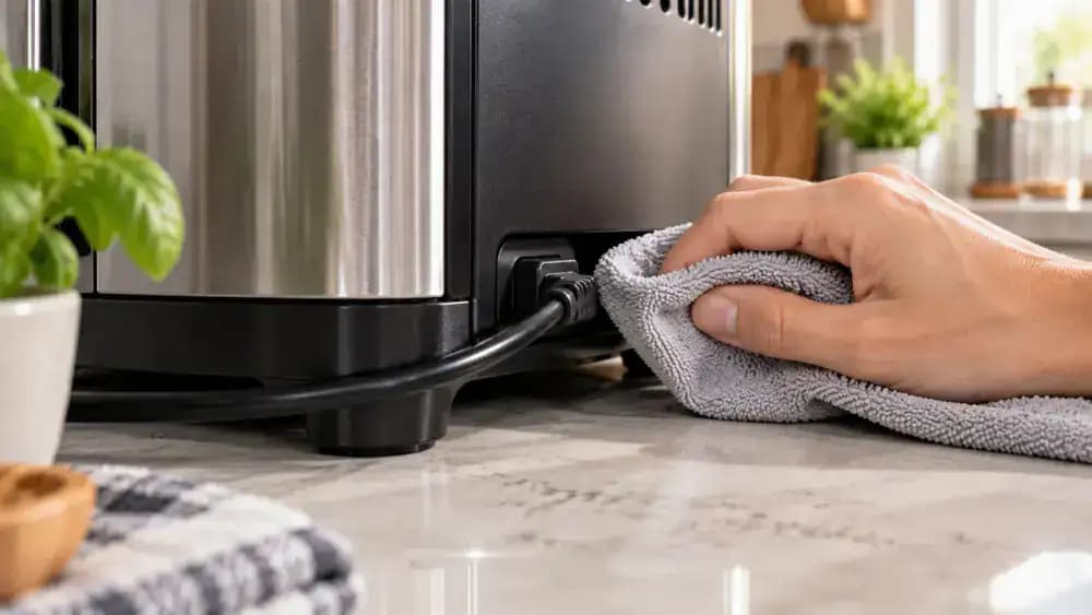 Close-up of an unplugged appliance on a dry towel while a hand blots the lower housing, base perimeter, exterior recesses, and insulated cord with a second dry towel.