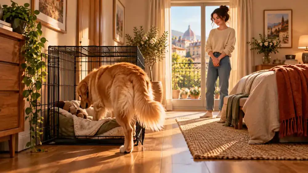 Bailey voluntarily enters an open wire dog crate in a quiet bedroom to investigate a treat while Emma sits several feet away.