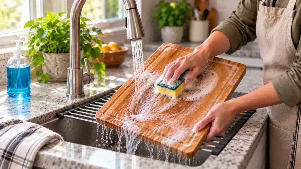 Hand scrubbing an intact cutting board with dish soap at a kitchen sink before cleaning the edges, reverse side, and rinsing it briefly with warm water