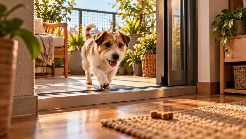 Ground-level view of an apartment balcony doorway cluttered with shoes and shopping bags near a raised threshold, followed by an owner clearing the entrance and rewarding a small dog during indoor recall training.