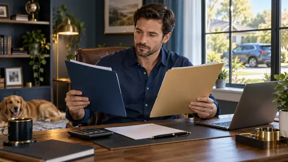 Car buyer comparing optional insurance materials and vehicle financing information at home.