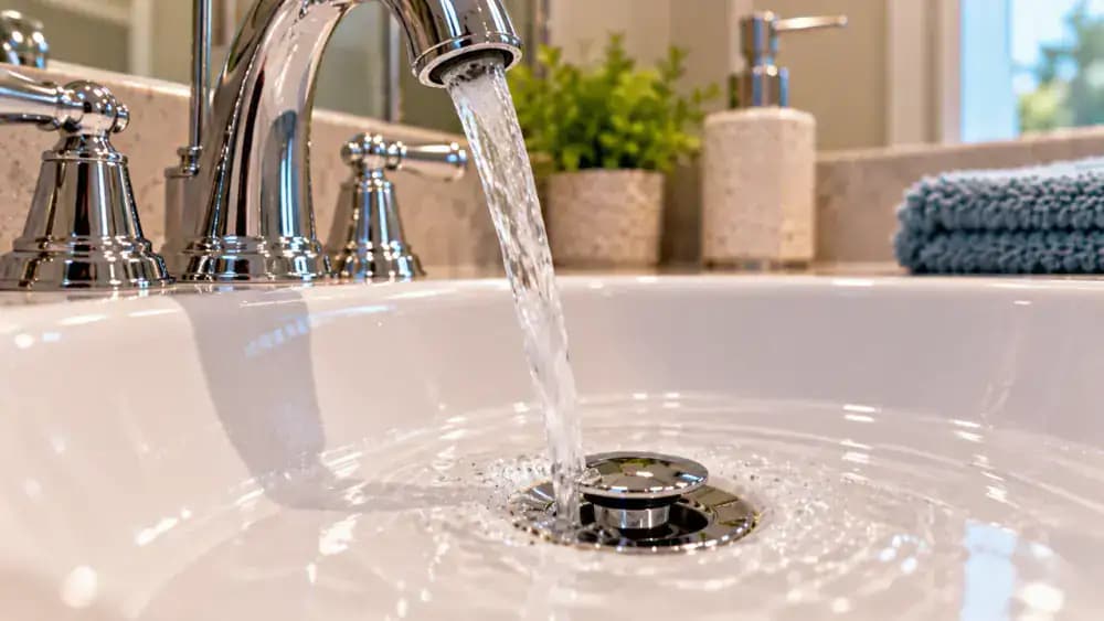 Low-angle close-up of a white porcelain bathroom sink with a chrome faucet releasing a gentle stream of clear water toward an open pop-up stopper, while a homeowner observes drainage and a caution example shows water beginning to pool.