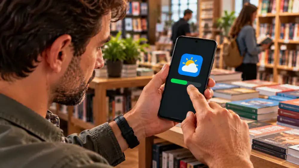 Android smartphone on a stand in a bookstore showing the official Google Play Store, Manage apps and device, and Updates available, with a finger updating a sample Weather app and an update progress indicator visible.