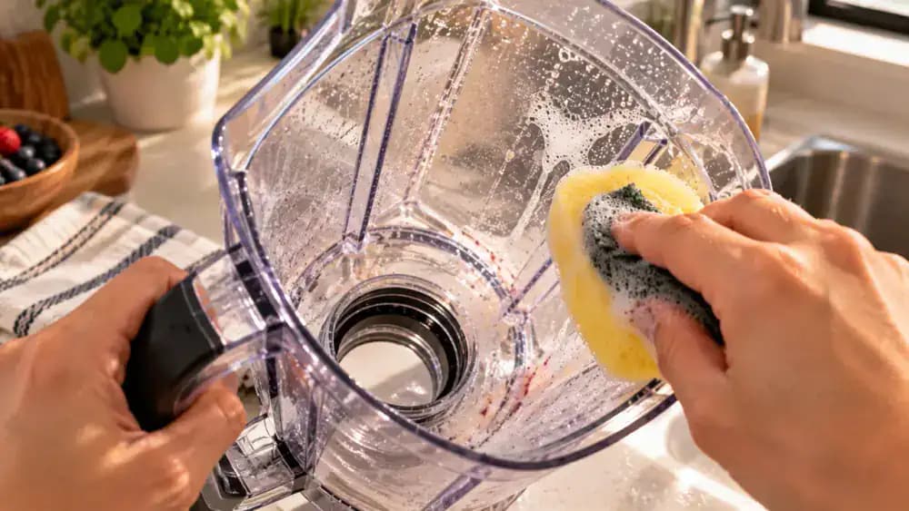Diagonal overhead close-up of an adult cleaning cloudy residue from the interior walls of a transparent blender jar using a soft sponge and warm soapy water, with the blade assembly completely removed and the jar supported on a nonslip cradle.