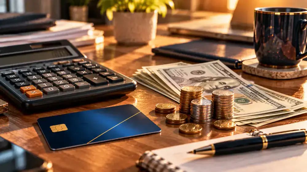 Calculator, credit card, dollar bills, and coins illustrating the financial costs of a missed payment.