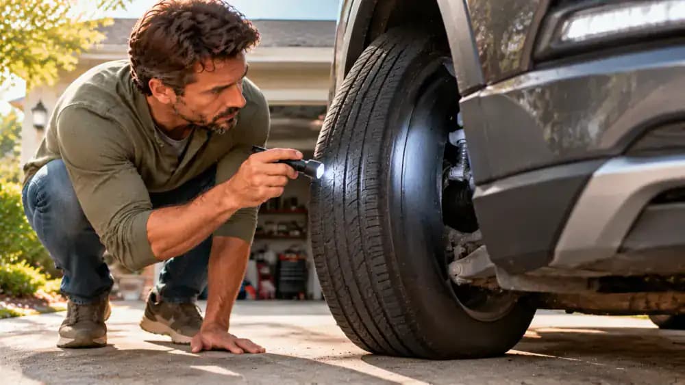 Driver using a handheld flashlight to inspect the accessible inner sidewall of a parked SUV's front tire, with the front wheel turned outward and the driver standing safely beside the bumper.