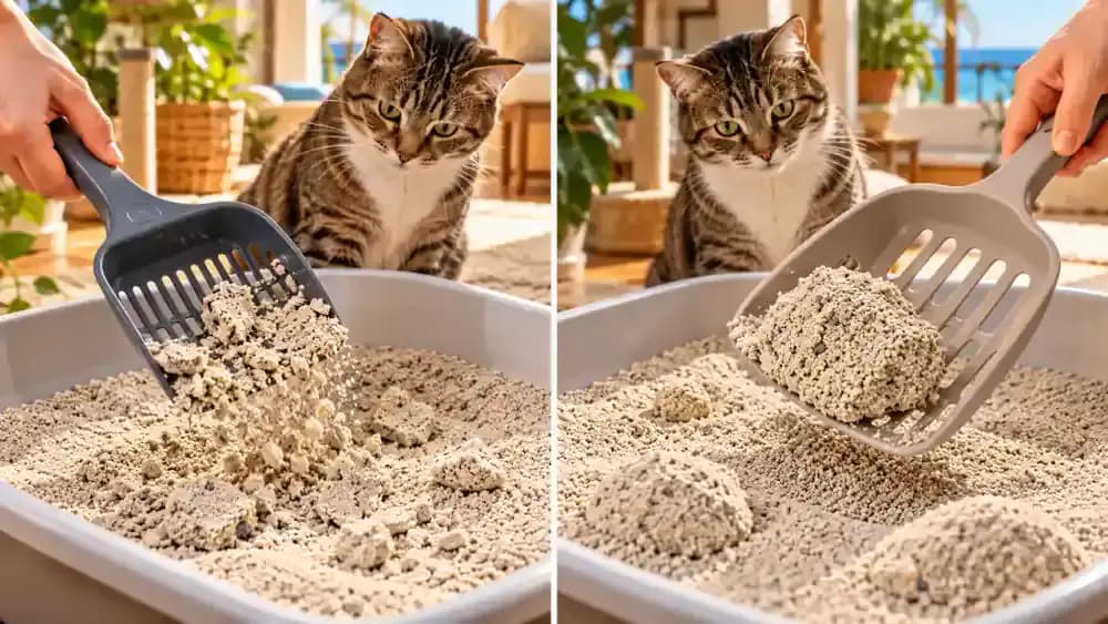 Split-screen comparison of two cat litter scoops with different slot sizes, showing fragile clumps breaking apart with one scoop while another removes firm clumps effectively, alongside an absorption timer and litter texture samples.