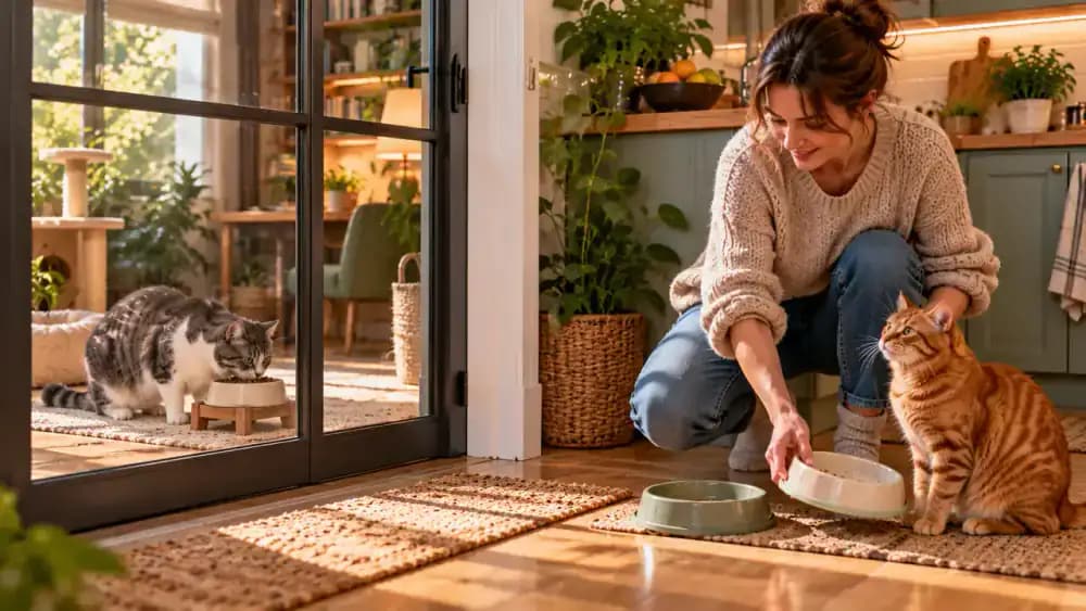 Owner collecting an orange tabby's empty food bowl in a bright kitchen while a gray-and-white cat continues eating undisturbed behind a glass door.
