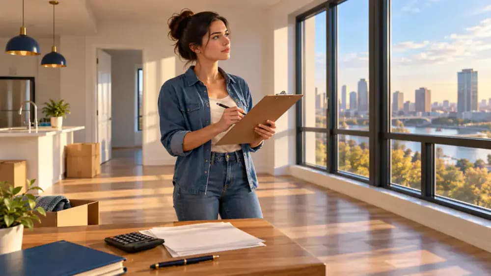 Tenant completing a property condition checklist on a clipboard inside an empty rental apartment.