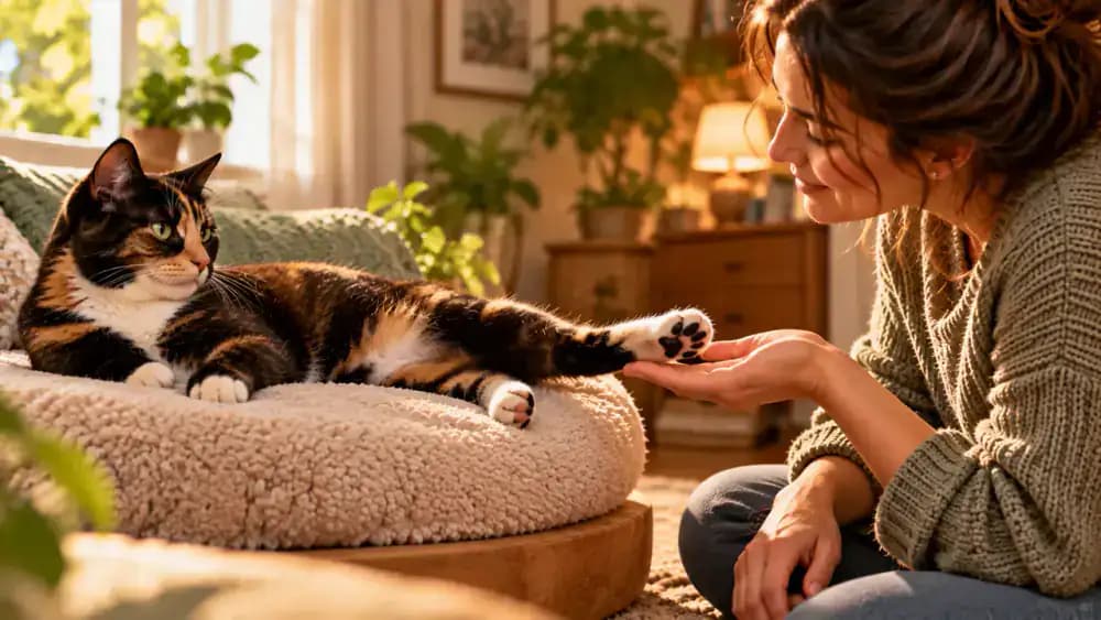 Calm tortoiseshell cat lying on a padded cushion while its owner gently examines a front paw, with a naturally extended hind leg showing the different position of the rear claws.