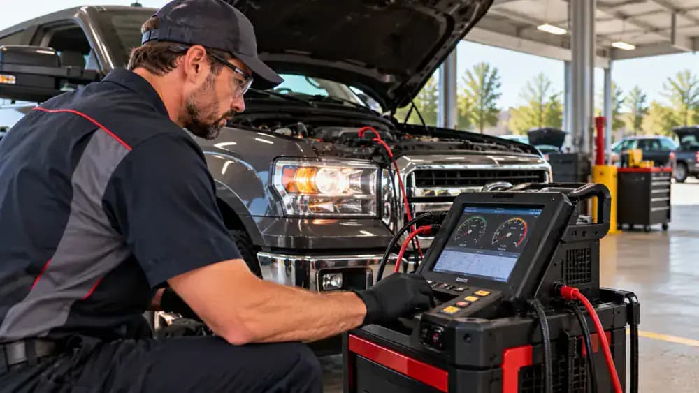 Automotive technician using a professional charging-system analyzer beside a stationary American pickup truck with its engine running under supervised testing.