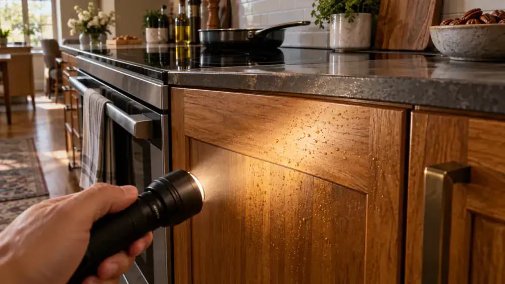First-person view of an adult inspecting satin-finished golden pecan kitchen cabinets beside a black induction cooktop, using a portable LED light to reveal two small grease speckles on a wood cabinet panel.