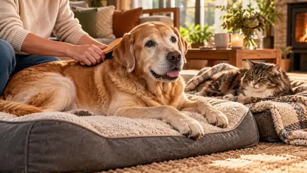 Freshly groomed Cocker Spaniel stretching beside a grooming mat in a sunlit room while its owner gently checks the shoulder skin.