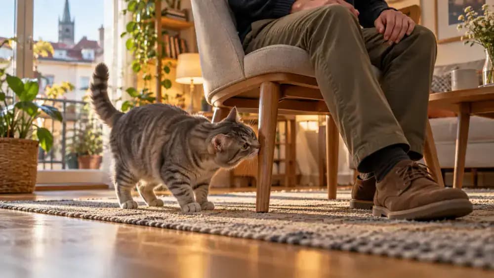 Gray tabby cautiously emerging from a hallway to sniff the wooden leg of a chair occupied by a quiet visitor, whose hands rest on their lap.