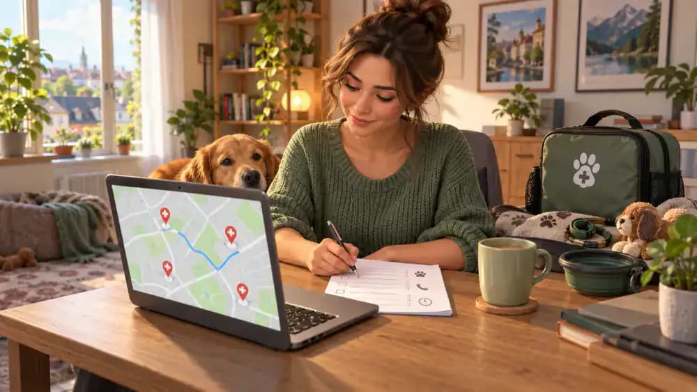 Owner reviewing veterinary clinic locations and opening hours while planning a pet travel route