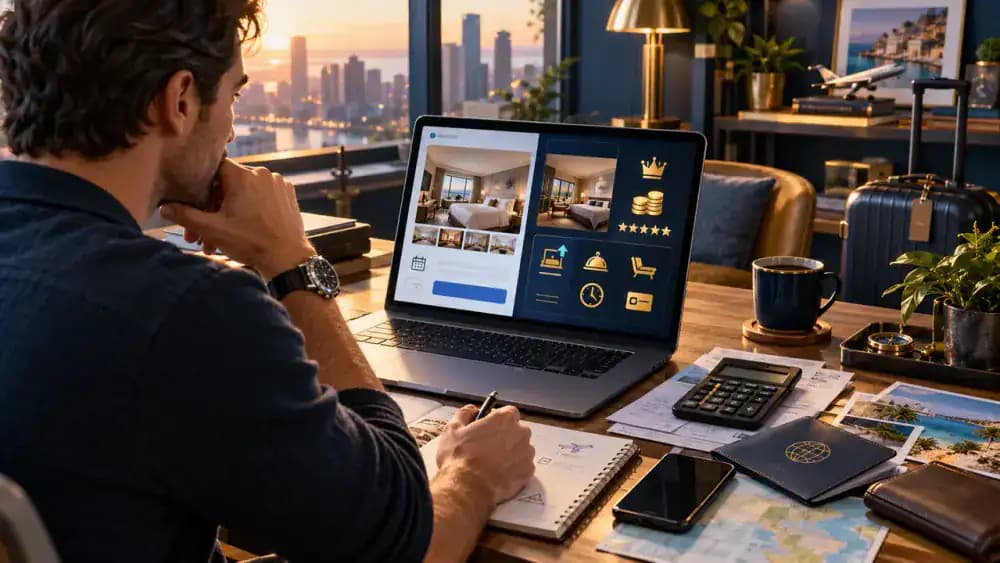 Hotel guest comparing portal rewards with hotel loyalty benefits
