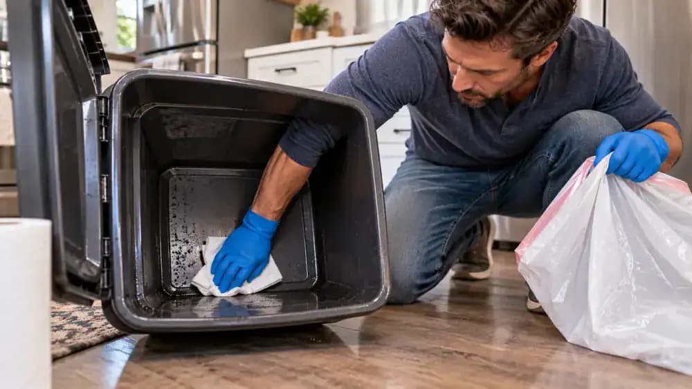 Gloved person removing an empty trash liner and checking the bottom of a kitchen trash can with a paper towel for moisture after a leak.