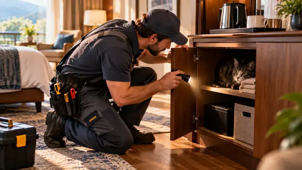 Frightened tabby cat hiding behind a heavy built-in hotel cabinet while its owner contacts reception and a maintenance worker inspects the area, followed by the owner photographing a damaged fixture.