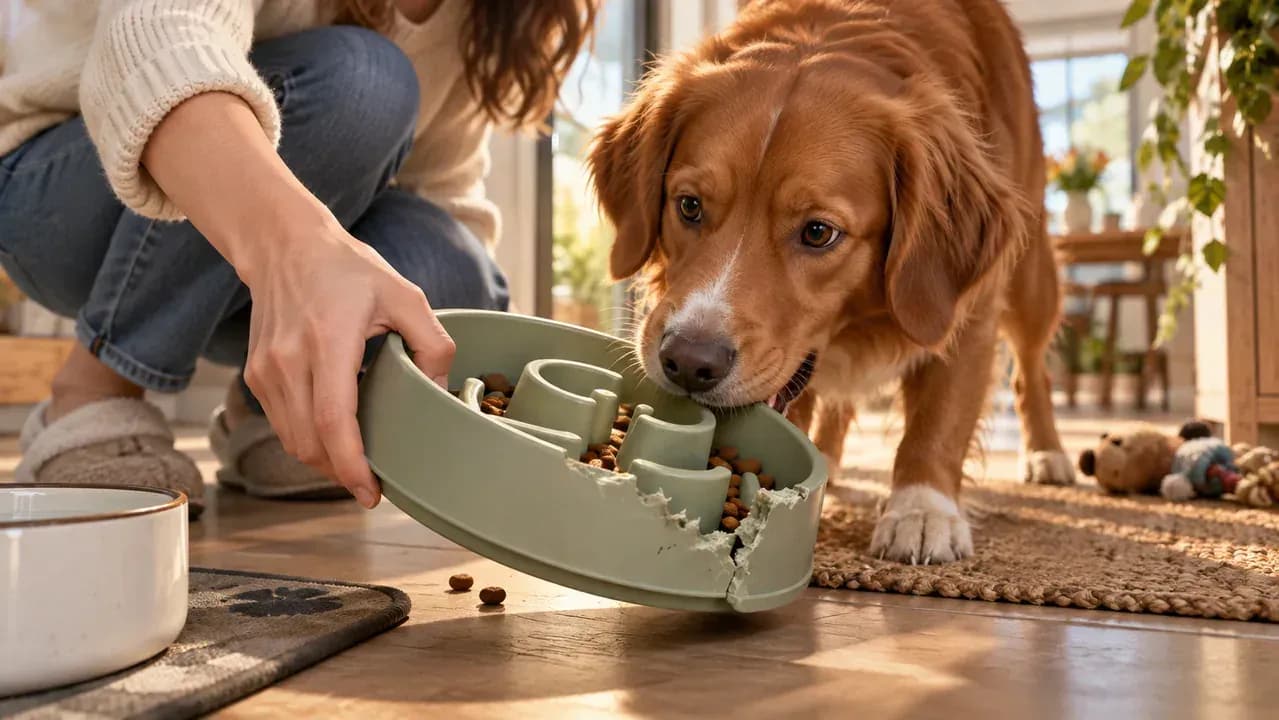 Owner removing a damaged puzzle feeder after noticing the dog chewing its rim
