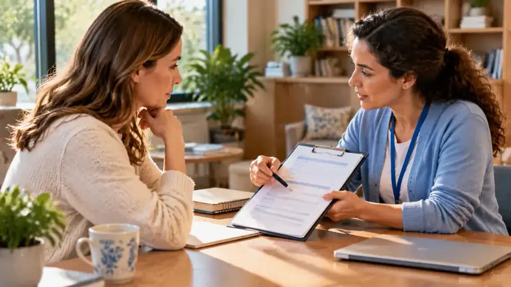 Adult patient and caregiver reviewing a fictional authorization form with sections for patient consent, authorized caregiver, permitted information, expiration date, and restrictions before placing a copy in an appointment packet.