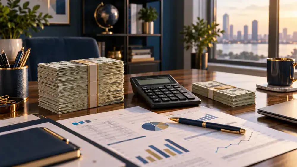 Organized financial folders with a calculator and fountain pen