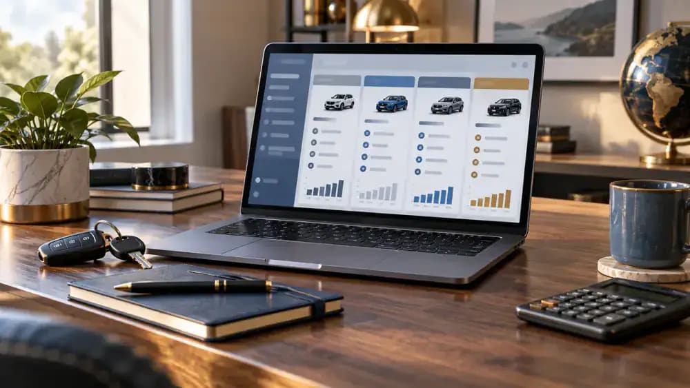 Laptop displaying an indistinct insurance comparison screen beside car keys and a notebook.