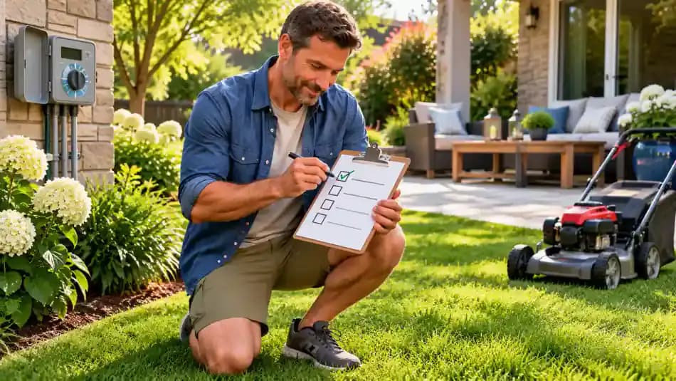 Homeowner checking off one lawn care adjustment on a maintenance checklist while photographing a yellow grass patch with a smartphone.