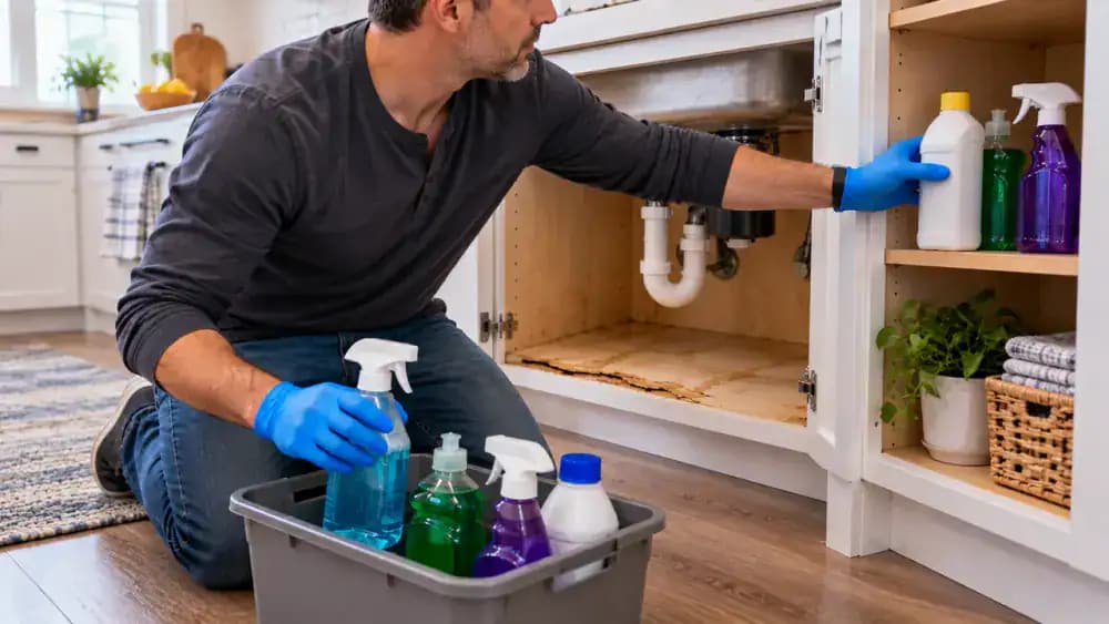 Floor-level view of a person wearing blue protective gloves moving an organizer of sealed household cleaning bottles from an under-sink cabinet to a dry storage shelf, with swollen laminate, faint discoloration, exposed cabinet seams, and plumbing connections visible inside the empty cabinet.