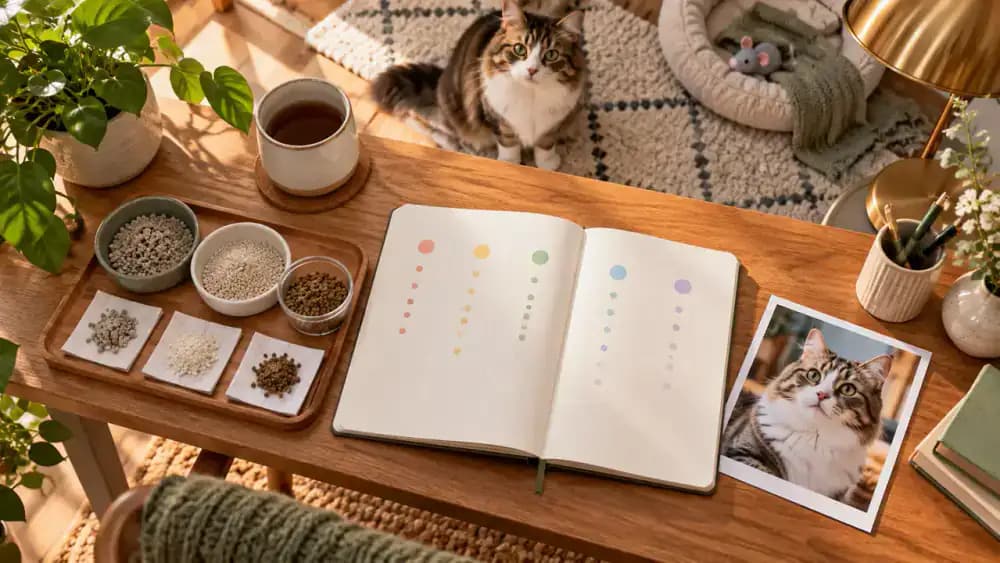 Notebook titled Cat Litter Observations displaying a table of dates, litter types, box configurations, and cat behavior recorded over several days, with a trend graphic and an owner discussing the records with a veterinarian.