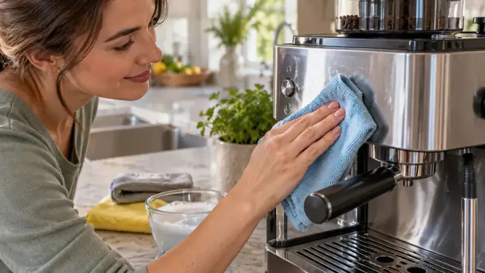 Person inspecting a clean stainless steel double wall oven from several angles in a bright kitchen, checking reflected light for streaks without touching the surface.