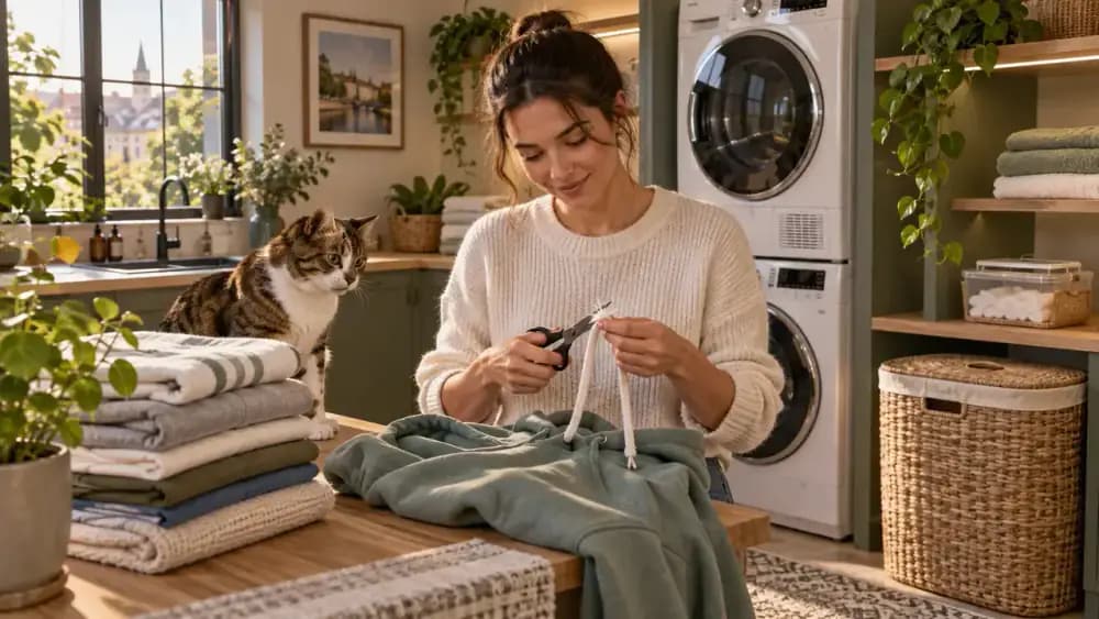 Closed laundry hamper with a loose clothing drawstring being trimmed while a cat sits beside folded clothes