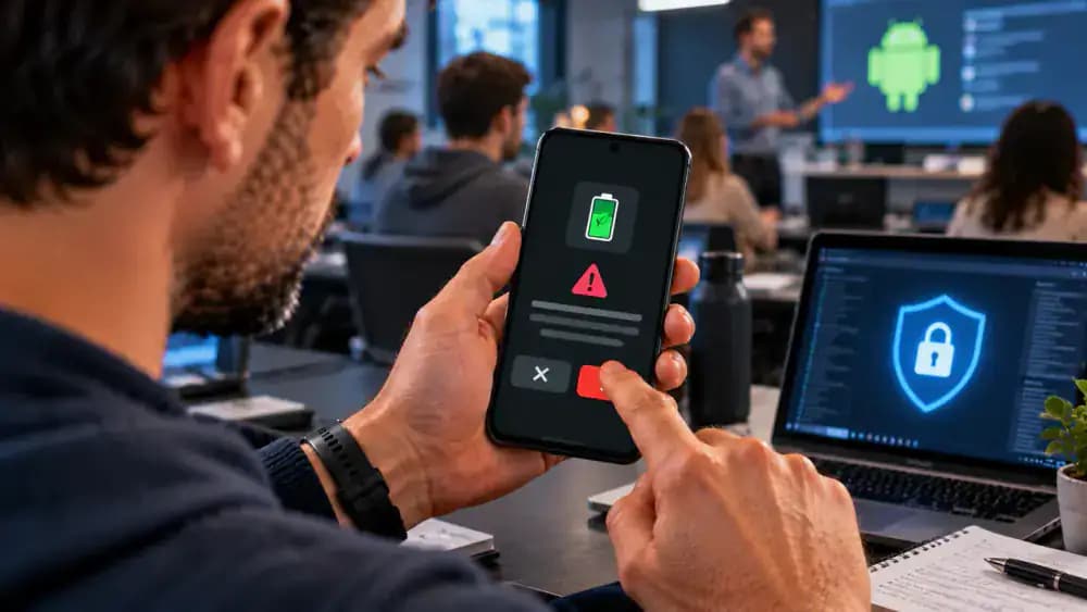 Android smartphone in a cybersecurity education room showing a fictional battery booster app requesting accessibility access and broad device control, followed by the official Android Battery settings screen.