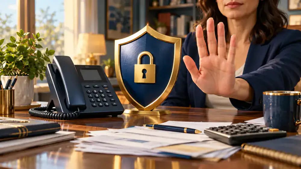 Telephone beside a protective shield and a raised hand signaling that unwanted contact should stop.