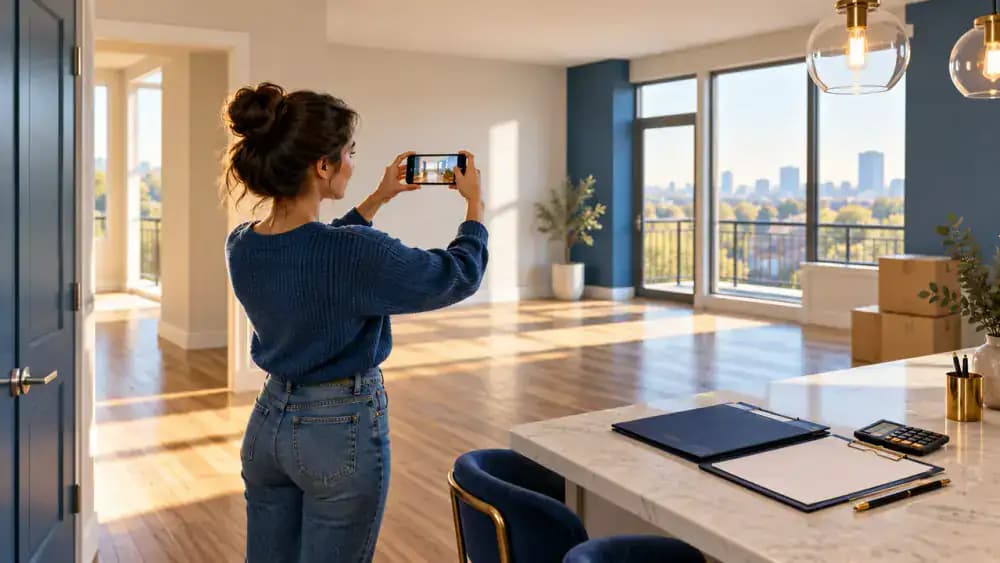 Renter photographing a spotless empty apartment with a smartphone during a final move-out inspection.