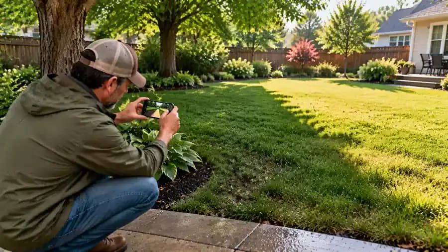 Homeowner standing on a dry paved garden walkway with a clipboard, comparing a dark, damp lawn patch beneath a tree with a lighter, partially dried section of grass after rainfall.