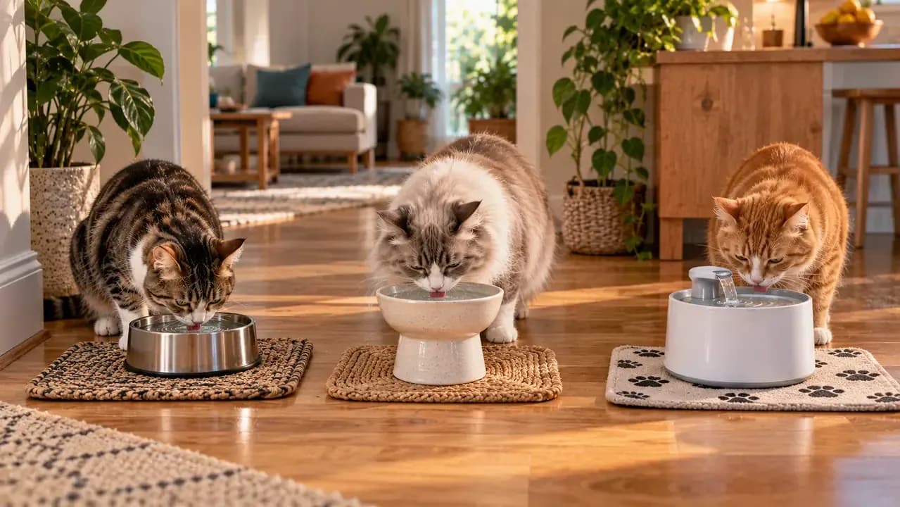 Cat voluntarily approaching a water bowl while the owner remains calmly at a distance