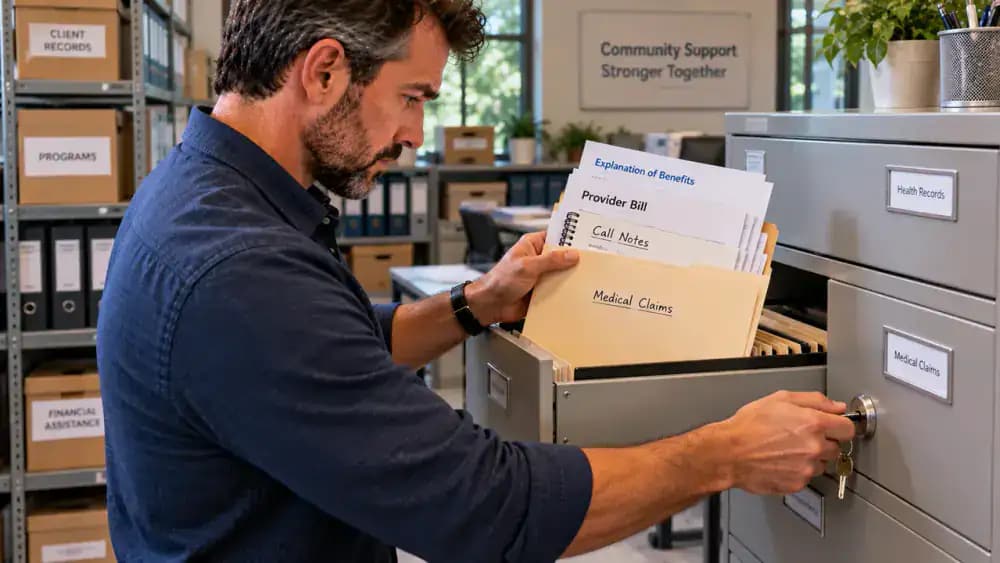 Adult organizing fictional EOB paperwork, provider bill, call notes, and insurer correspondence in a folder labeled Sample Claim Records before locking it in a filing cabinet, with a password-protected document storage screen nearby.