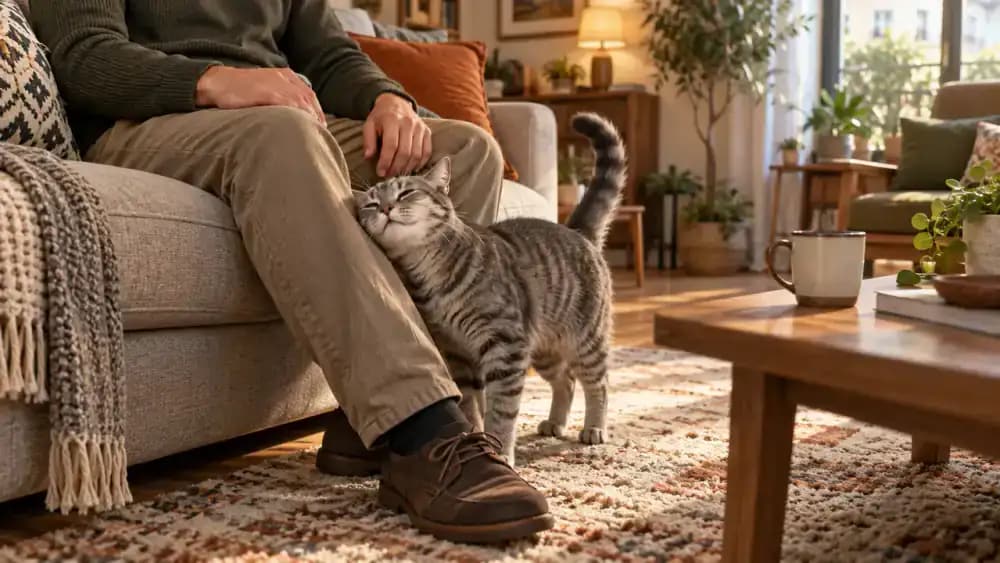 Gray tabby rubbing its cheek against the trouser leg of a seated visitor beside a sofa, while the visitor keeps a relaxed hand above their knee.