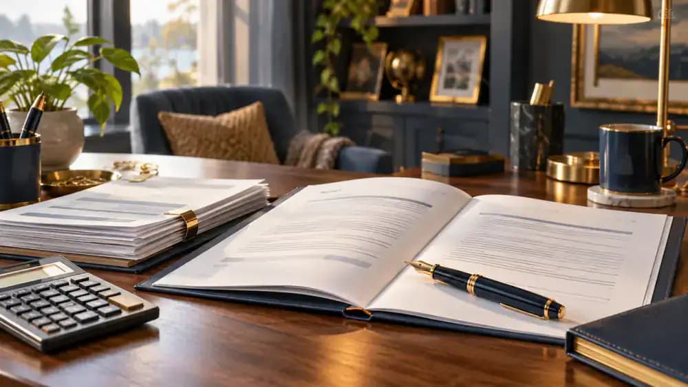 Printed checking account agreement, fee disclosures, and a pen arranged neatly on a desk.