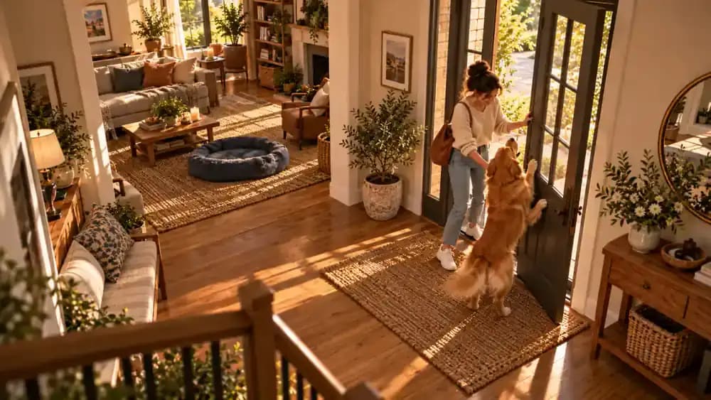 Indoor pet camera view of Bailey pacing and scratching at the entrance door while Emma promptly returns and approaches him calmly.