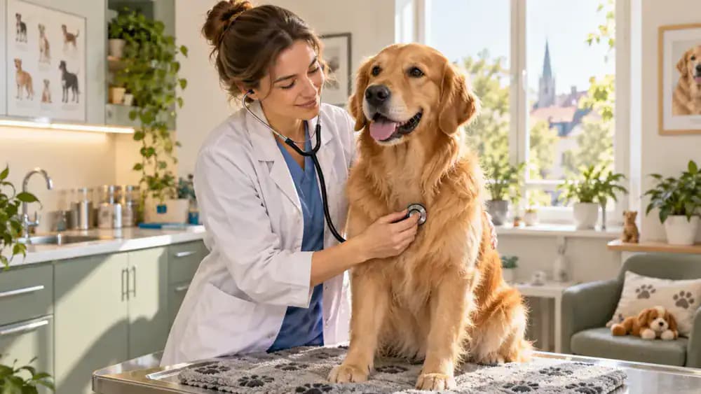 Veterinarian listening to a relaxed golden retriever's chest while a technician assists and the owner stands nearby