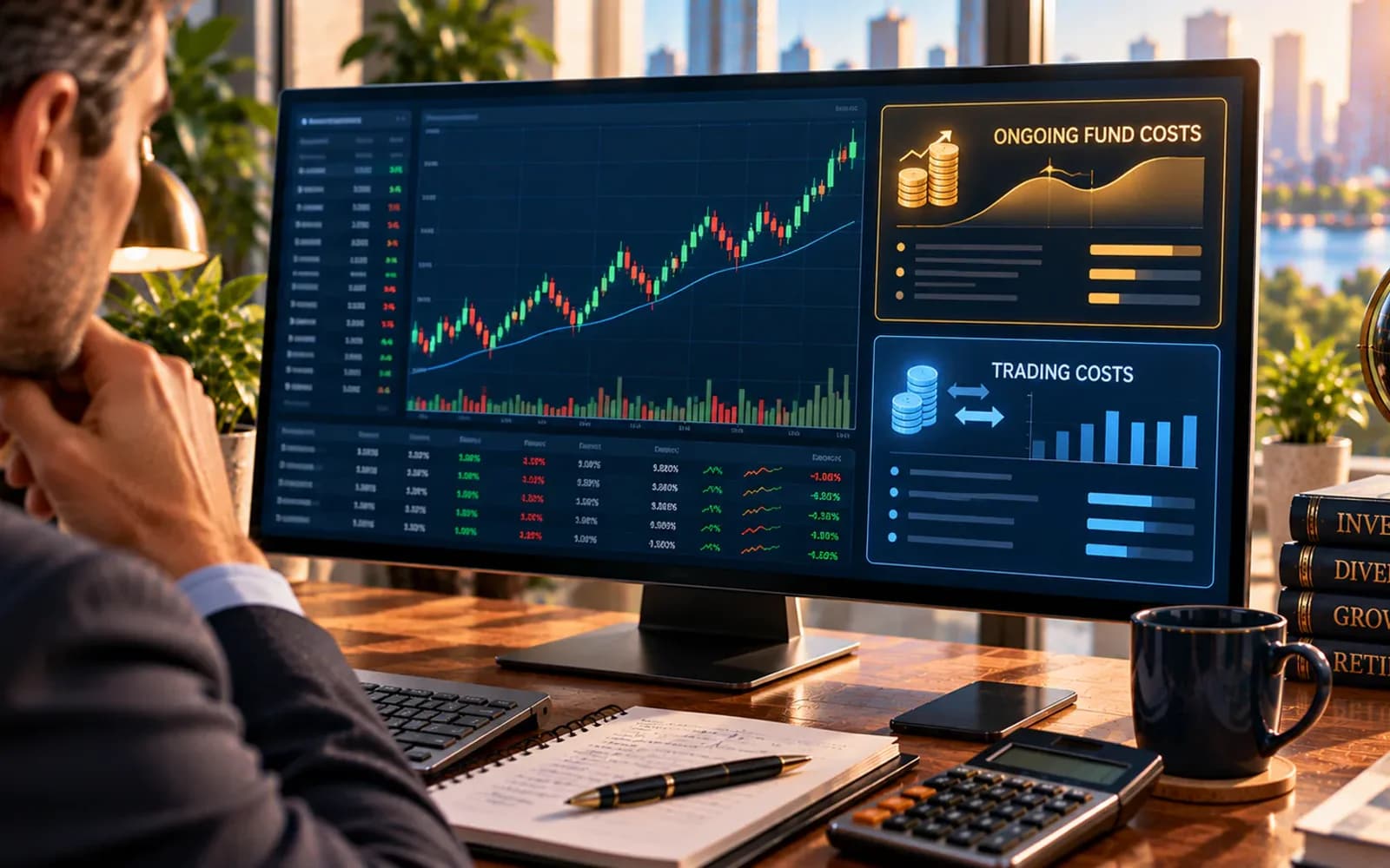 ETF trading screen with separate fund expenses and transaction costs