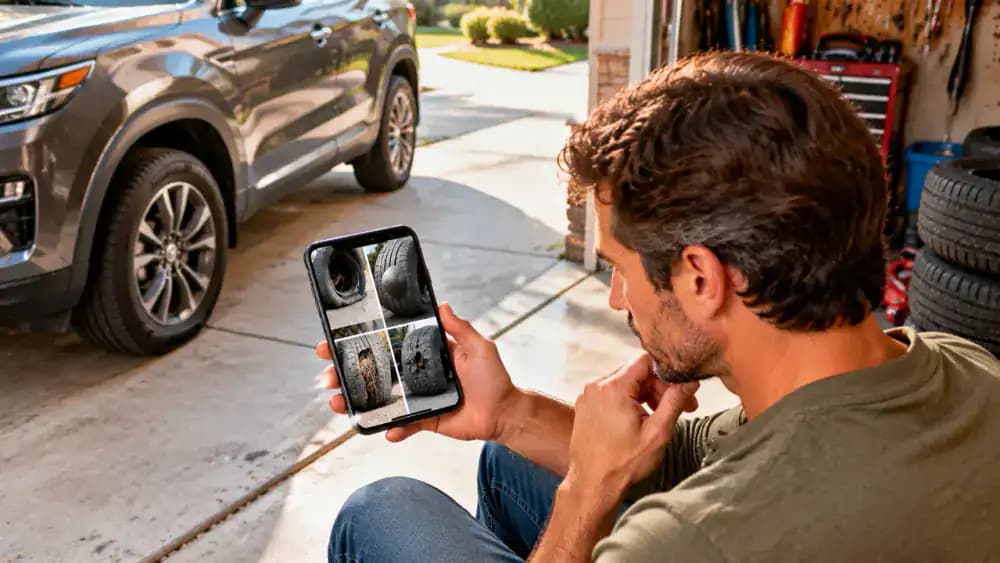 Driver beside a parked SUV reviewing reference photographs of a flat tire, exposed reinforcing cords, a sidewall bulge, and severe tread damage while holding the vehicle keys near a closed tire pressure gauge.