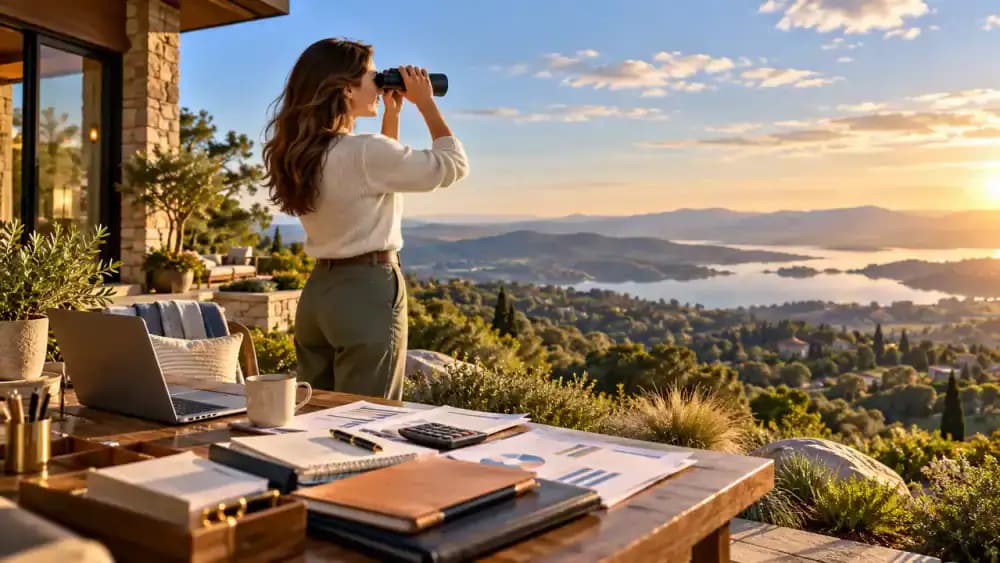 Person surveying a distant landscape through binoculars from a hilltop, representing a broader assessment of financial exposure.