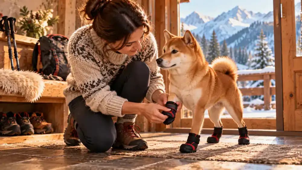 Shiba Inu sitting on a padded wooden bench inside an alpine cabin while its owner checks a protective boot on a dry front paw, with snowy mountains visible outside.