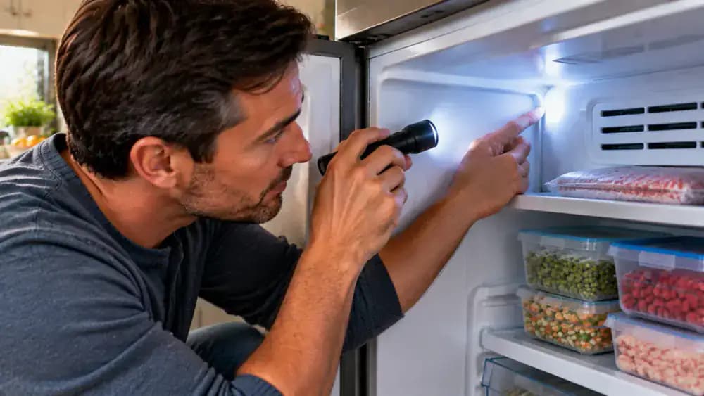 Homeowner inspecting empty freezer interior corners and side edges with a flashlight to find possible moisture collection areas