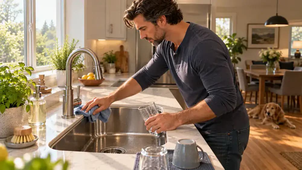 Homeowner using a green microfiber cloth to wipe water droplets from a stainless steel kitchen sink after rinsing a drinking glass, carefully drying the faucet base, basin walls, and drain rim to prevent hard water spots.