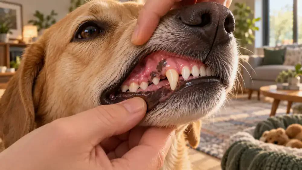 Close view of a tan dog's gums showing pink tissue alongside normal dark pigmentation